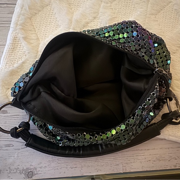 Vintage Sequin Iridescent Boho Wave Bag Black Party Dance - Picture 4 of 6
